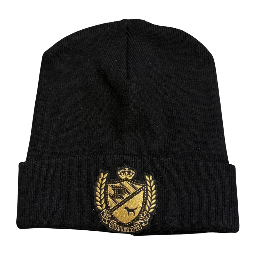 Victoria's Secret PINK Black Beanie Gold Crest Logo Rhinestone Knit Hat OS